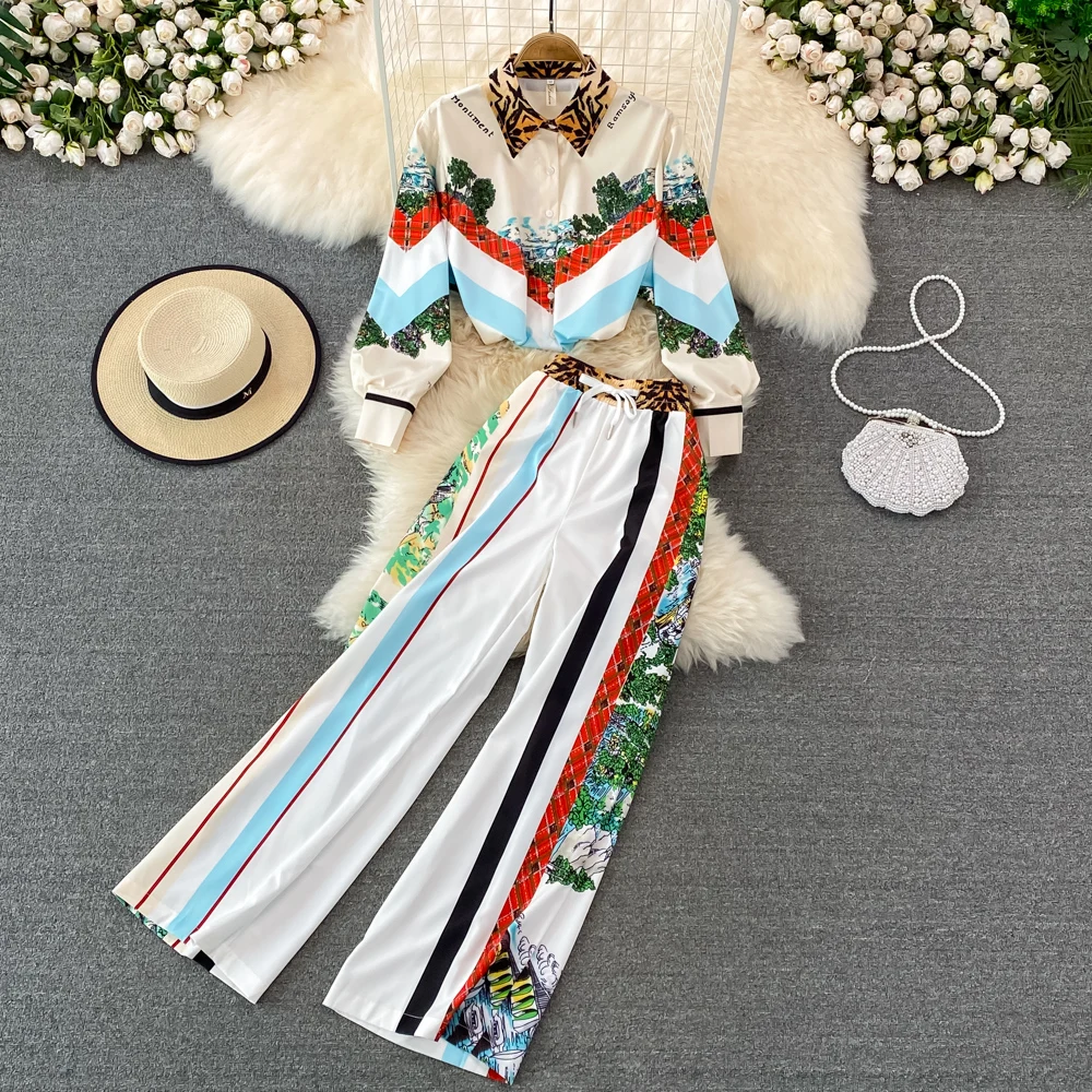 

Fashion Suit Female Temperament Positioning Printing Mid-length Irregular Shirt Two-piece High-waisted Wide-leg Trousers
