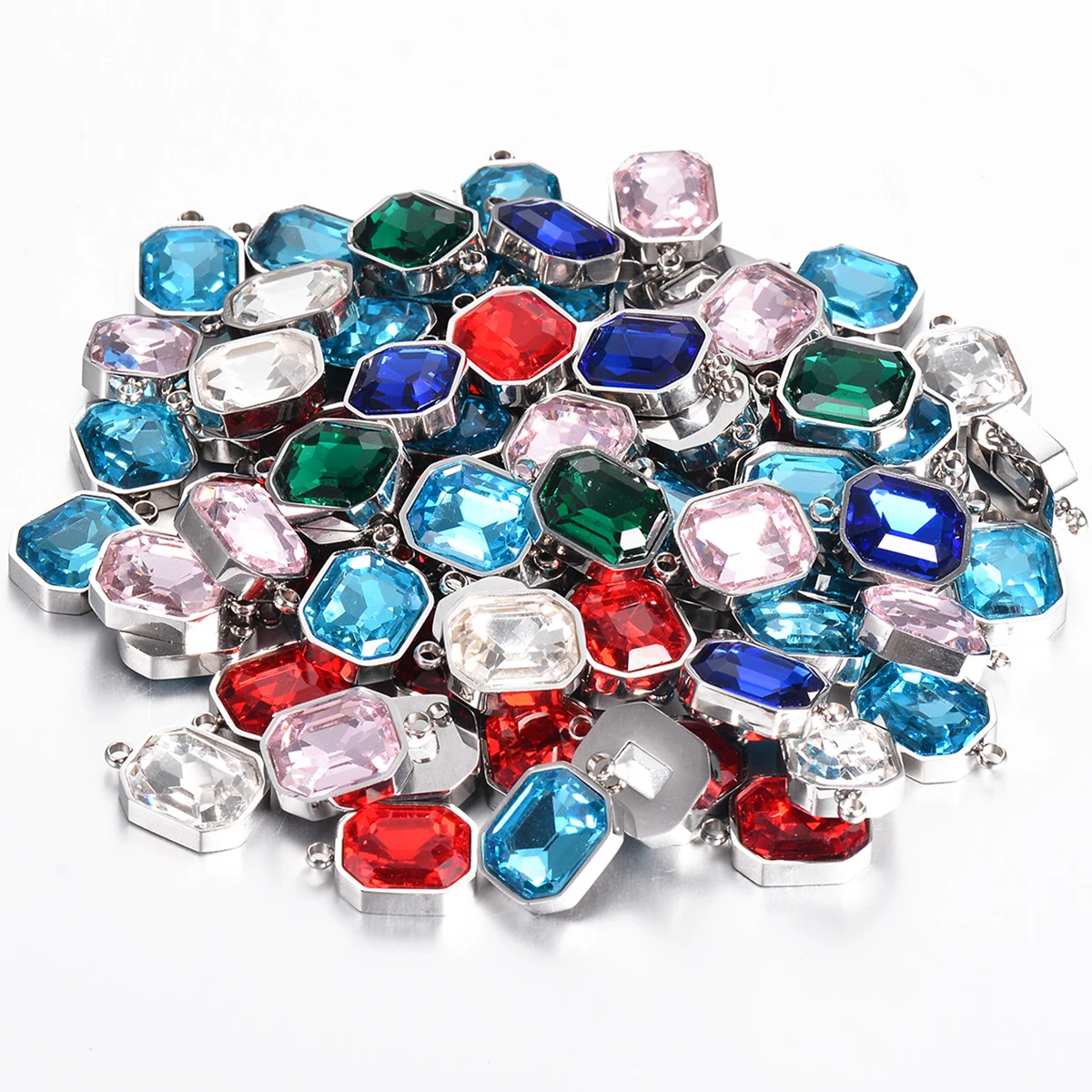 10pcs Stainless Steel Square Multicolour Cubic Zirconia Charms Pendant Silver Color for DIY Necklace Making Jewelry Accessories