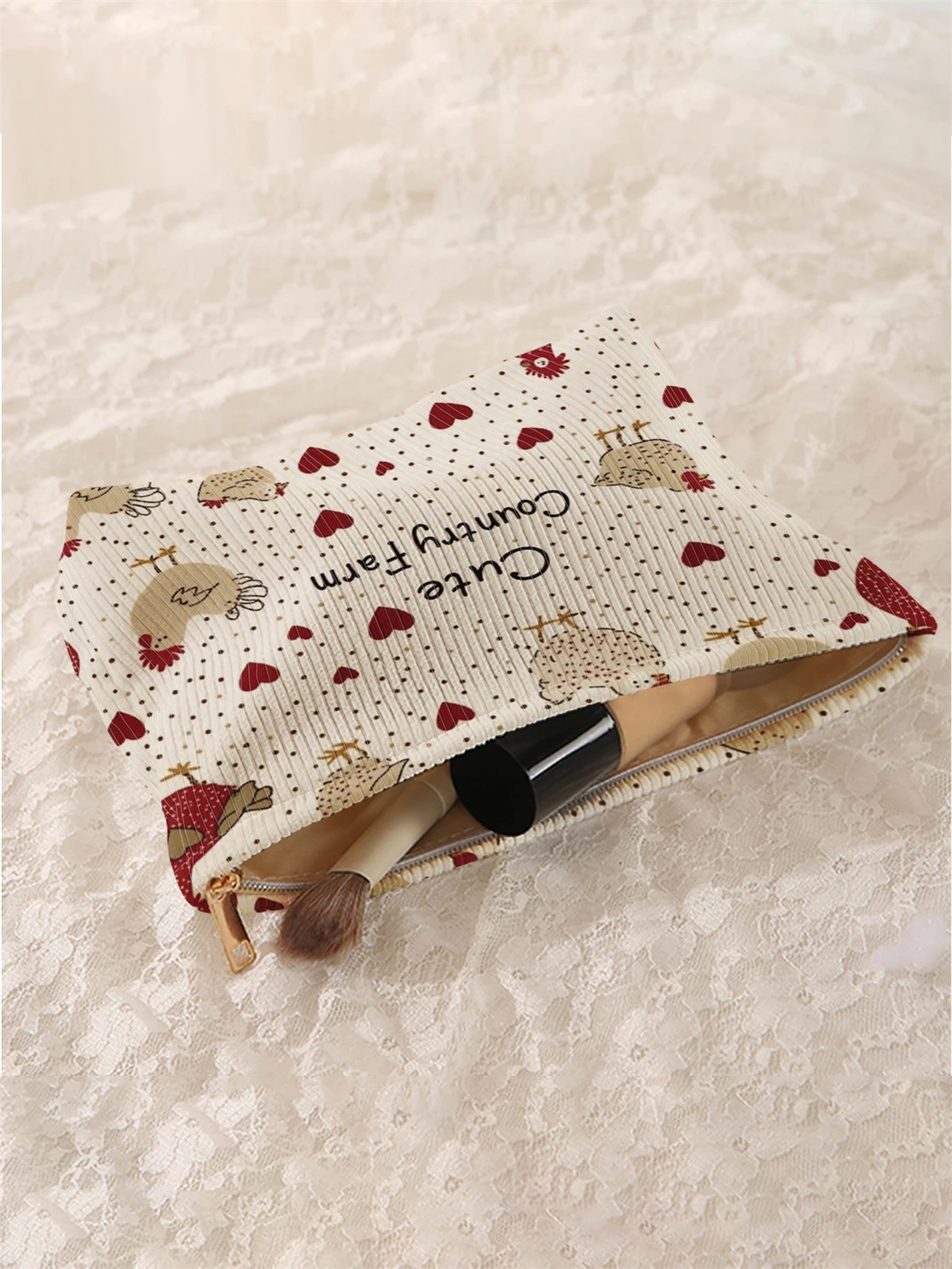 1 corduroy makeup bag with hen pattern printed on it, lightweight zipper makeup storage box, multifunctional bag with lining