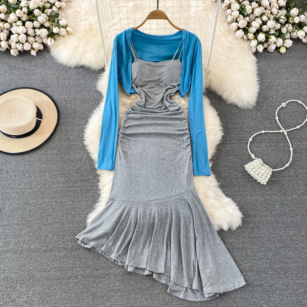 

Sexy Hot Girl Slim Bag Hip Sling Fishtail Dress Two-piece High Waist Short Shawl Shirt