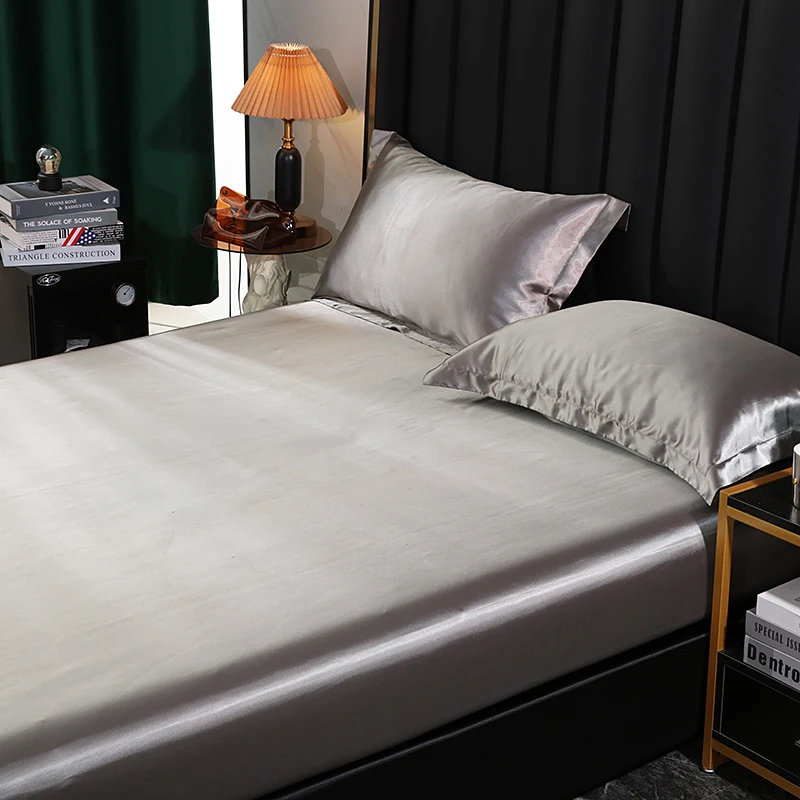 Luxury Satin Fitted Bed Sheet High Density Fabric Fitted Sheet  Breathable Supple  Fit Sheet with 2 pillwcase 3