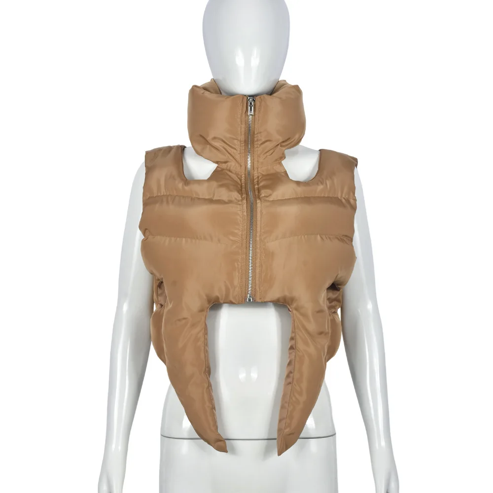 Fashion Women Cotton-padded Coat Stand Collar Hollow Out Zip Black Symmetry Midriff-baring Vest Autumn 2023 New Tide