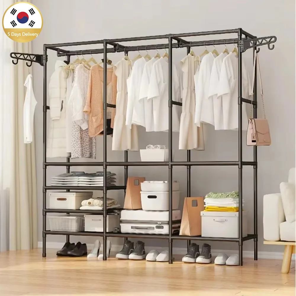 Double-Row Coat Rack Floor Standing Clothes and Shoes Storage Shelf Simple Assembly Large Capacity Wardrobe Hangers