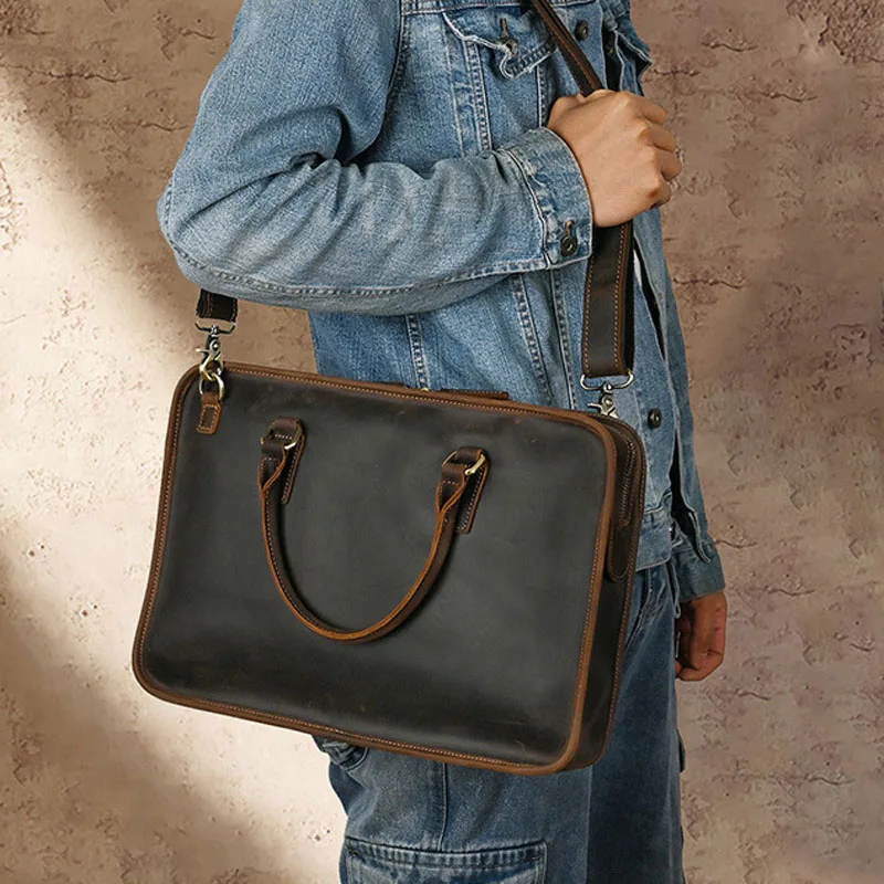 

AETOO Crazy Horse Leather men's Handbag Business Vintage leather Briefcase 14 "Cross-body Computer bag Men's bag