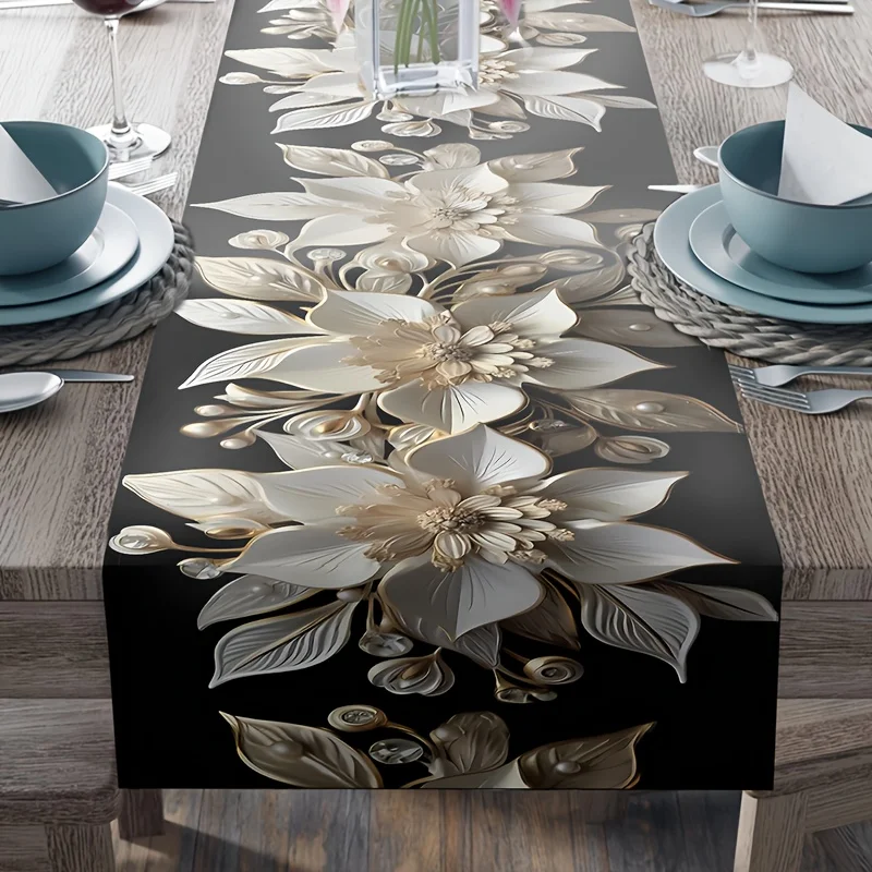 1 Piece of Elegant White and Gold Floral Table Runner, Durable Polyester Fiber, Rectangular |   Perfect Suitable for Holiday Meals and Outdoor Parties 4