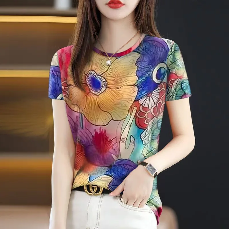 2026 New Summer Popular Women's T-Shirt Slimming Belly-Covering Round Neck Fashion Short Sleeve 1
