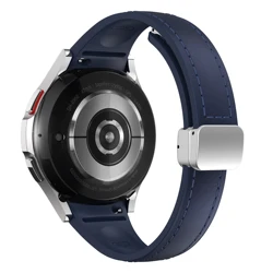 Premium Dual - Material Slim Watch Strap - Genuine Leather and Silicone - Galaxy 4 40mm 44mm (Midnight Blue - Silver)