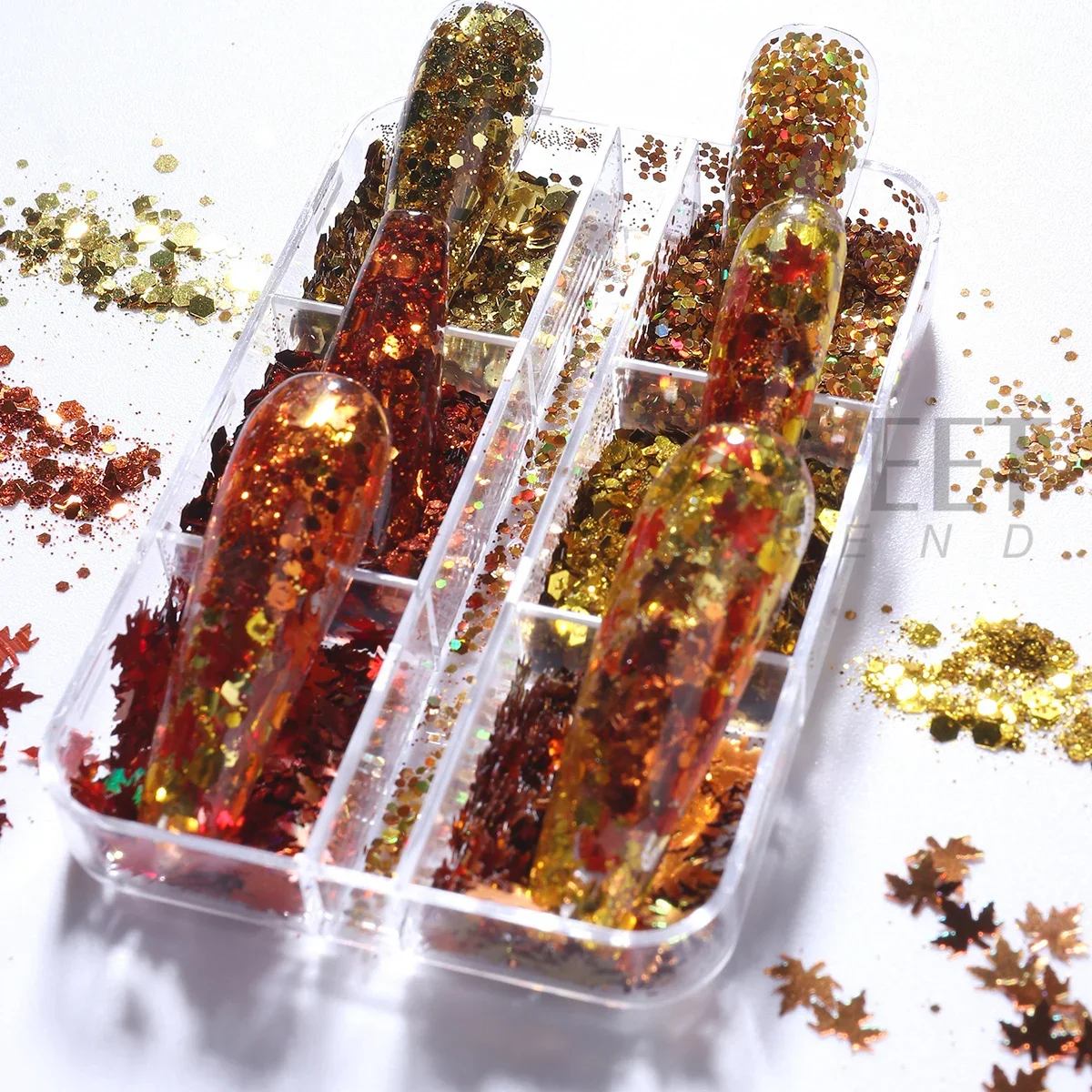 6 Grids Fall Gold Maple Leaf Nail Art Sequins Autumn Brown Hexagon Decor Glitter Flakes Winter Design Manicure Paillettes Slices