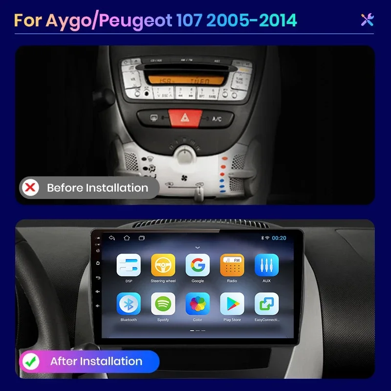 Para Peugeot 107 Citroen C1 Toyota Aygo 2005-2014 inalámbrico CarPlay Android Auto Radio GPS RDS WiFi BT 4G Multimedia estéreo 2