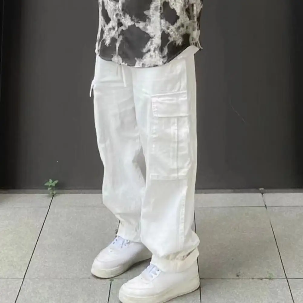 Description Picture 6 of itemMen Pants Solid Color Elastic Waist Loose Wide Leg Multi Pockets Pants Retro Straight Deep Crotch Men Four Seasons Long Trousers