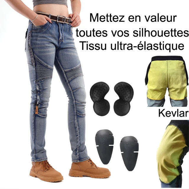 Jean de moto en Kevlar pour femmes, coupe-vent, résistant à l'abrasion, pantalon de protection bleu, pantalon d'équitation tout-terrain, quatre saisons 1