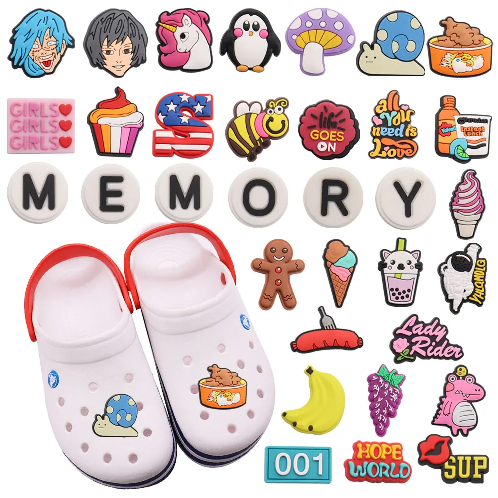 

Mix 50pcs PVC Croc Jibz Fit Wristband Memory Life Goes On Banana Cupcake Horse Garden Shoes Button Decoration Charms Accessories