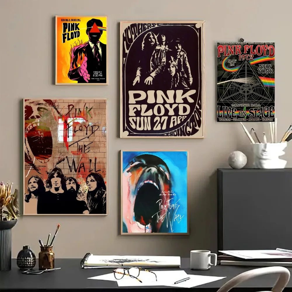 Vintage Posters Poster Prints Pink Floyd Band Self-adhesive Art Poster Wall Art White Kraft Paper Home Decor