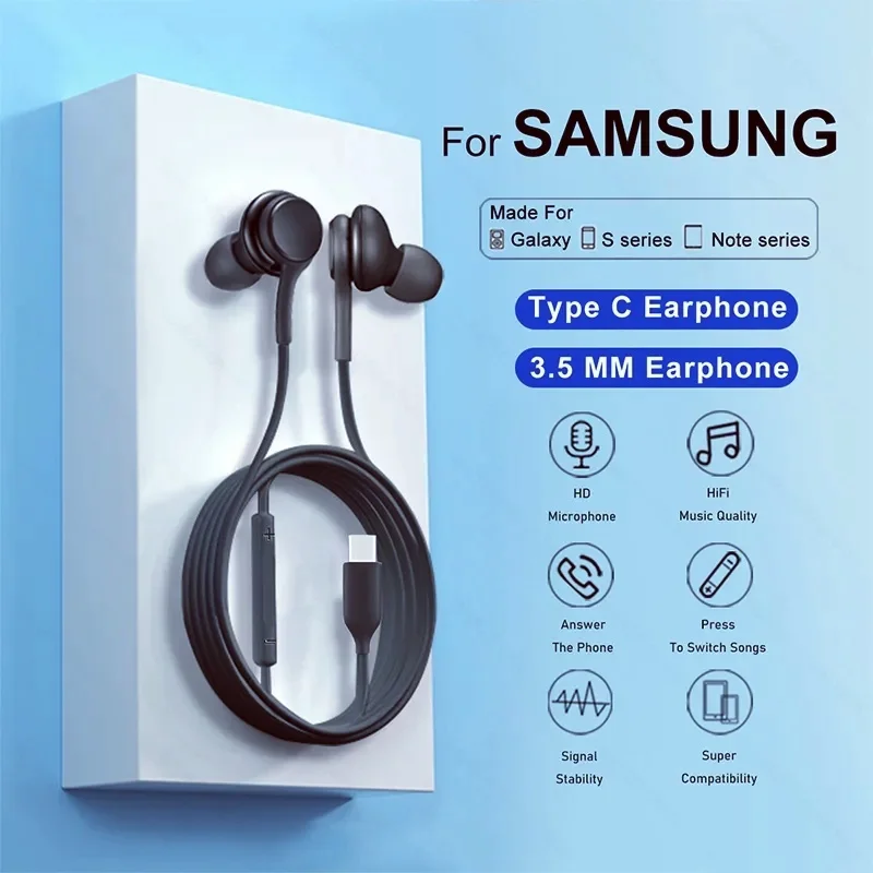 Wired Earphone Original Type C Wired Earphone For Samsung Galaxy S23 S21 S22 Ultra Plus 3.5 mm Earbuds Headphones A54 A34 A53 A53 Accessories