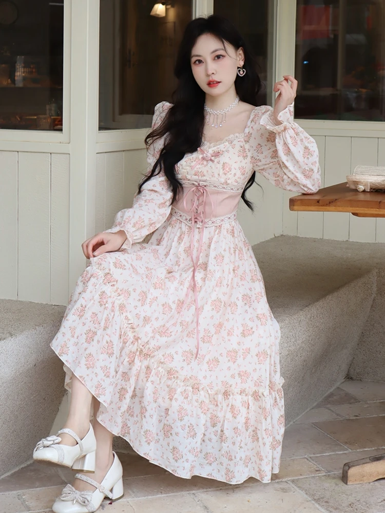 2023 Spring Pink Floral Elegant Dress Women Bandage Lace Print Sweet  Vintage Dress Puff Sleeve Kawaii Dress Women Princess Fairy - AliExpress