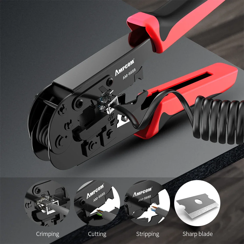 AMPCOM 압착 도구 RJ45 및 RJ12, RJ11 크림퍼 커터 스트리퍼 네트워크 케이블 CrimpTool 4P 6P 8P RJ-11/RJ-12 RJ-45