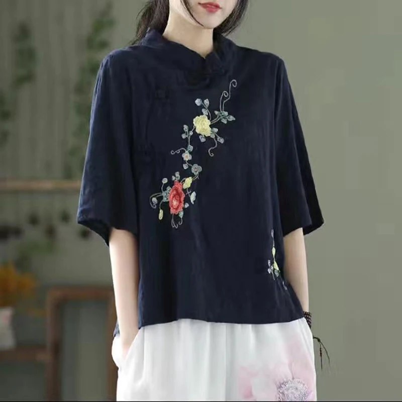 New Spring Summer Embroidery Traditional Chinese Women's Clothing Tang Hanfu Shirt Blouse Loose Leisure Top Vintage T-shirt