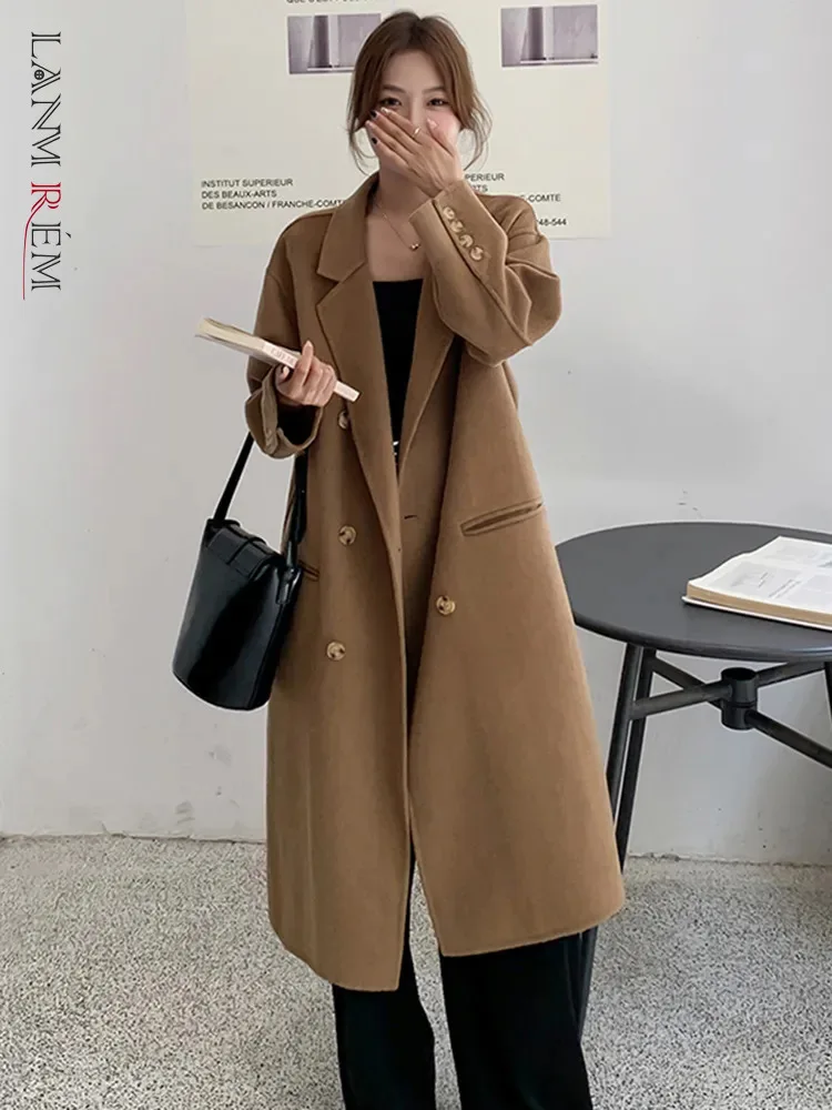 

LANMREM Office Lady Woolen Long Coat Women Notched Collar Double Breasted Solid Color Clothing Fashion 2023 Winter New 2AA3294