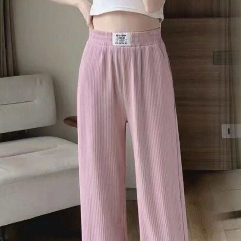 Ice Silk Wide Legged Women's Spring and Autumn Patchwork High Waist Pockets Fashion Slim Drop Straight Casual Floor Slam Pants