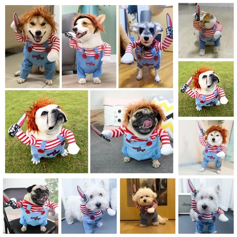 Halloween Pet Dog Clothes Transformed Pet Apparel and Wig for Holiday Party Pet Supplies Funny Bloody Doll With Knife Dog Costum