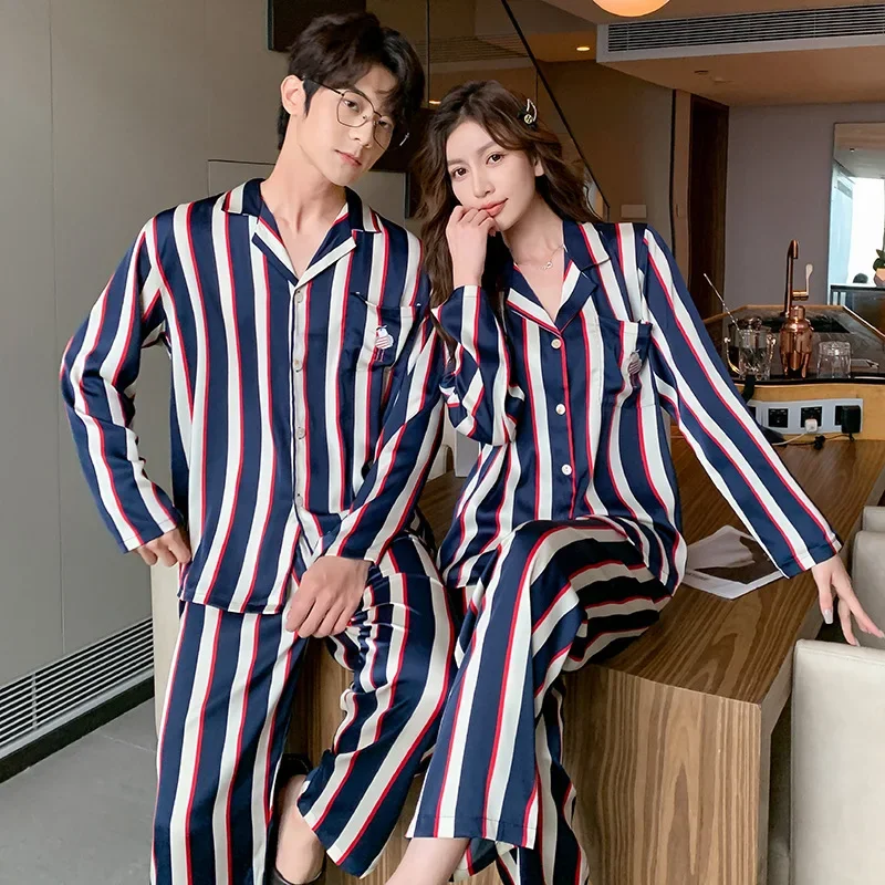 New Ice Silk Lovers' Pajamas Long Sleeve Household Garments Spring and Autumn Nightwear Women's and Men's Nightie Sleepwear