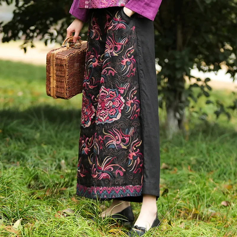 National Style Harajuku Vintage Black Cotton Linen Embroidered Women Wide Leg Trousers Elastic Waist Straight Skirt Pants Casual