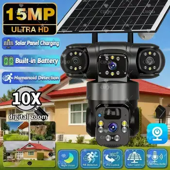 15MP IP Camera WiFi PTZ Three Camera Outdoor Wireless Solar 20000Mah Built-in Battery Video Surveillance Cam Long Time Standby 1
