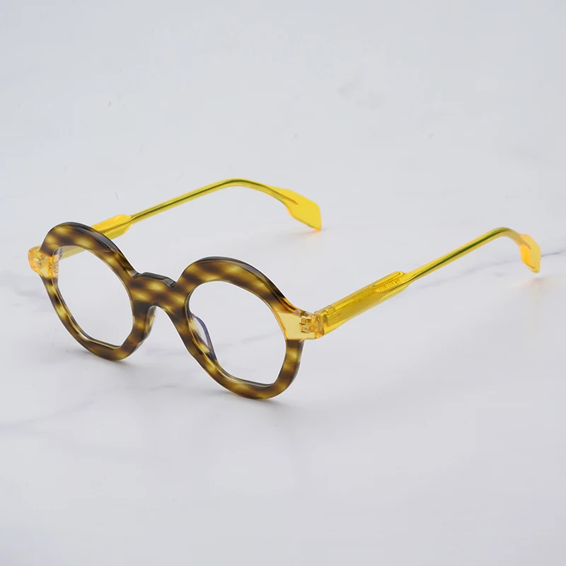 

2022 New High Street Round Striped Yellow Glasses Frame for Men Fashional Hand-made Acetate Eyeglasses for Women