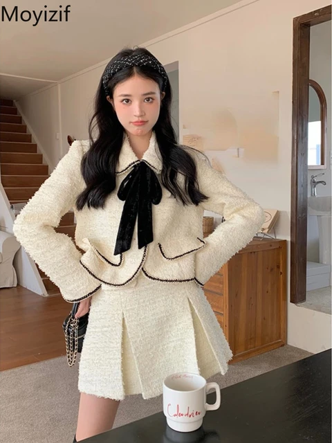 Autumn Small Fragrance Vintage Tweed Two Piece Set Women Top Woolen Short  Jacket Coat Mini Skirt Pleated Skirt Sets Two PCS Suit - AliExpress