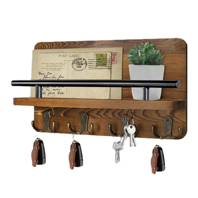 Wooden Wall Key Holder with 5 Hooks Mail Organizer with Shelf Home Decor for Entryway Hallway 2