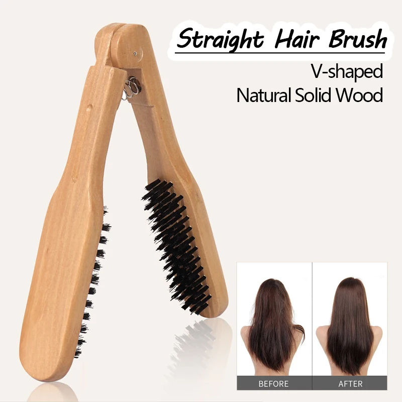 HighQualityNaturalSolidWoodVShapedStraighteningBrushForWomens