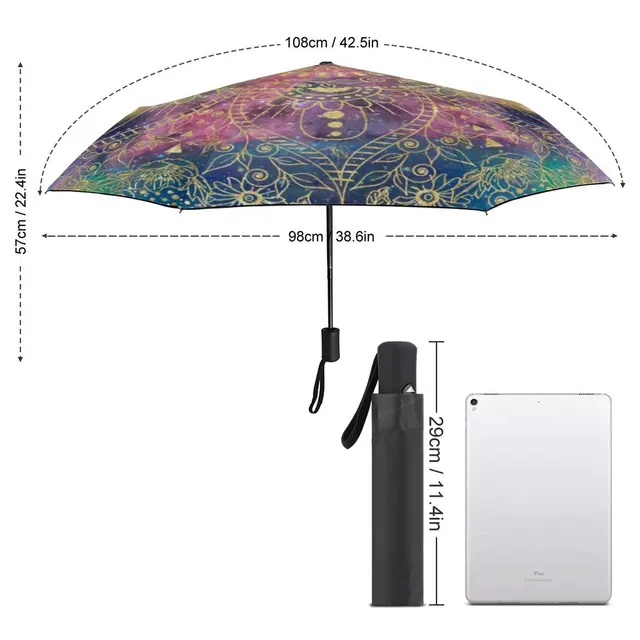 Arany Mandala Nyomtatás 3 Hajtogatott Autós Esernyő Szüreti Virág Fekete Kabát Uv Védelem Ligthsúlyos Esernyők Férfi Nők Számára - Image 4