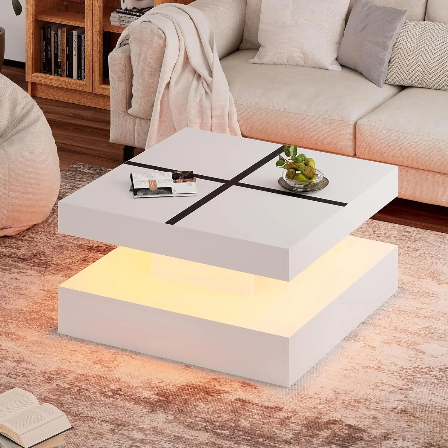 

LED Coffee Table with Storage for Living Room Modern Smart Tall Square Center Table 2 Tier Display Shelf 20 Colors Light Wood