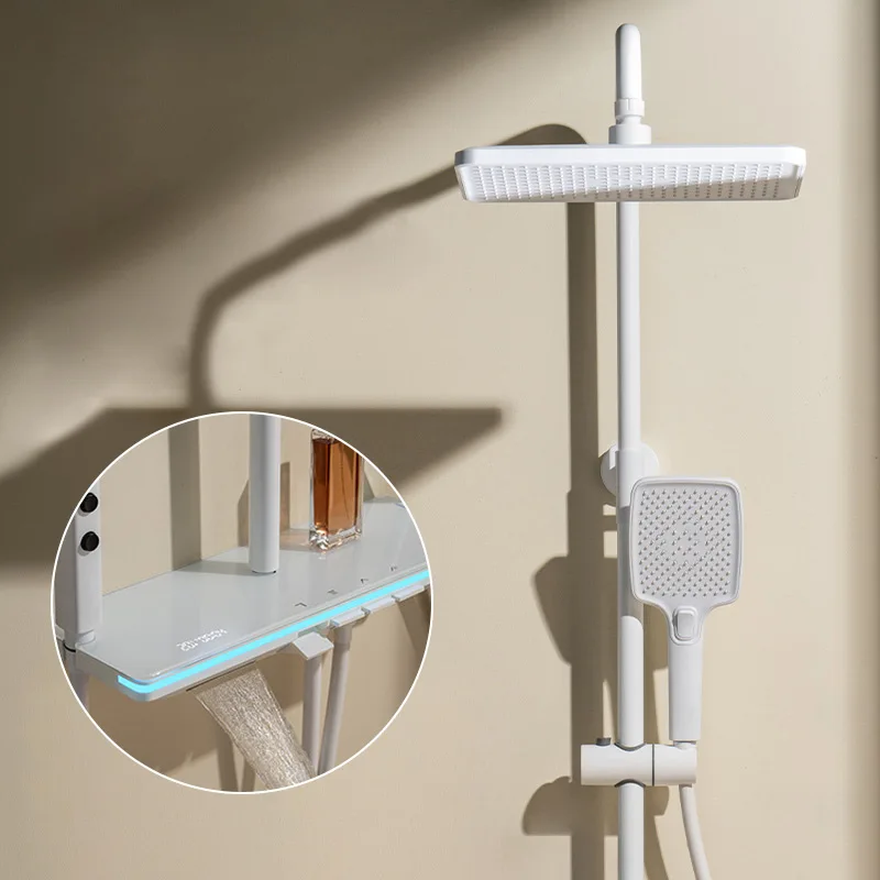 Shower System Set Modern Showers For Bathroom Piano Button Ambient Light  Brass Glass Shelf Shower Digital Display Shower Set 2