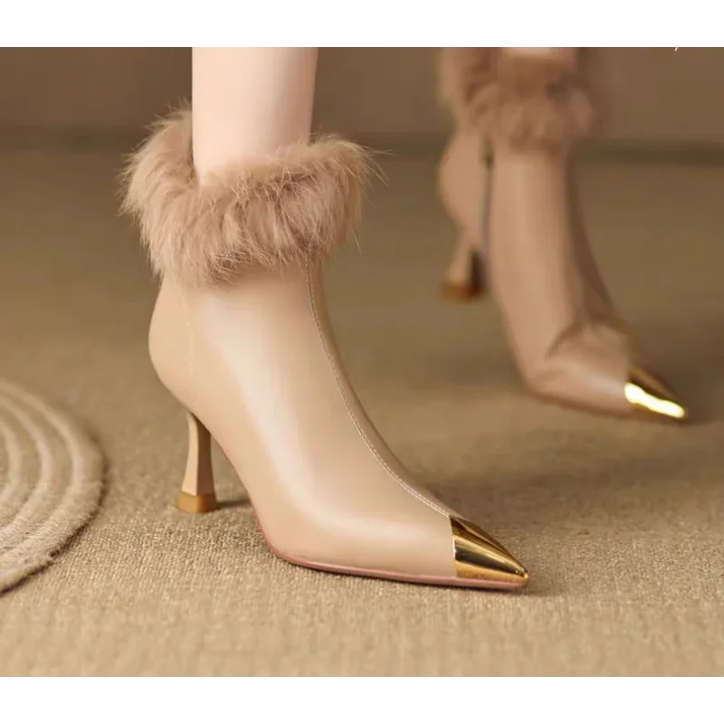 

Fashion Short Boots for Women 2023 Winter Pointed Toe High Heels Womens Stiletto Warm Furry Shoes for Women Zipper Ankle Boots