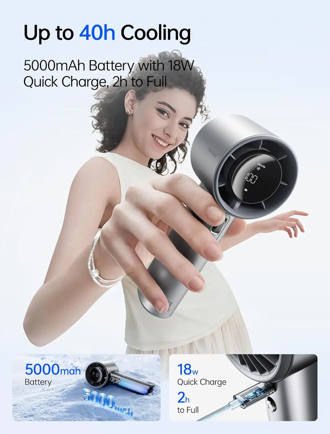 지술라이프 프로1S 2025 휴대용 터보 팬 5000mAh 100단 속도 18W 타입-C 고속 충전 디지털 디스플레이 휴대용 포켓 쿨링 팬