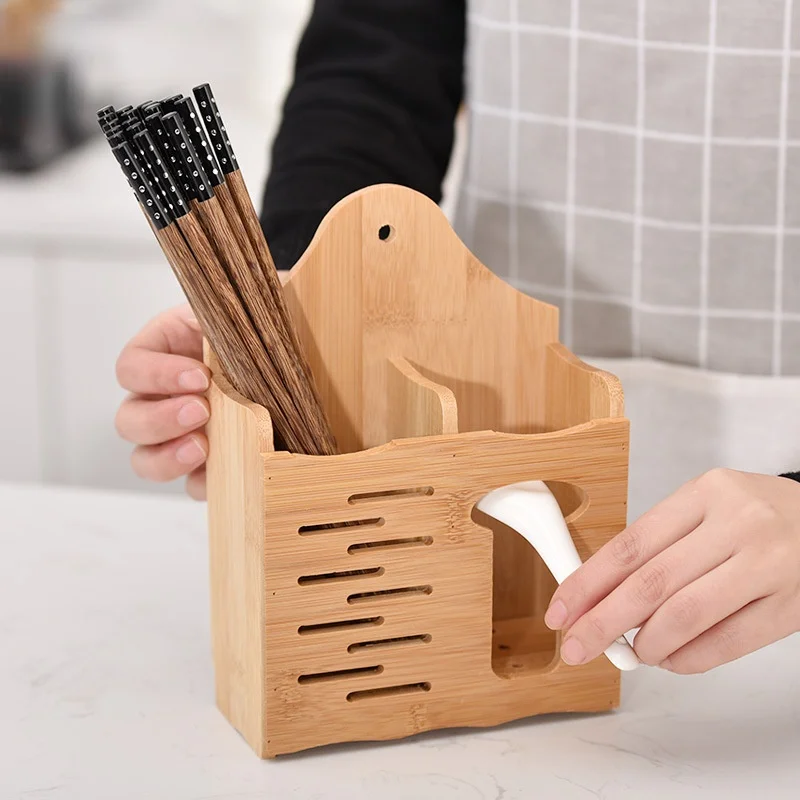 Eco-Friendly Bamboo Utensil Holder Round Square Chopsticks Organizer Kitchen Spatula Tongs Cutlery Fork Spoon Drain Box 2