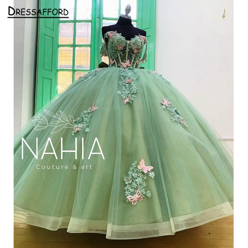 

Mint Green Quinceanera Dresses Mexican Off the Shoulder Ball Gown Princess Long Sweet 16 Prom Dress 15 year