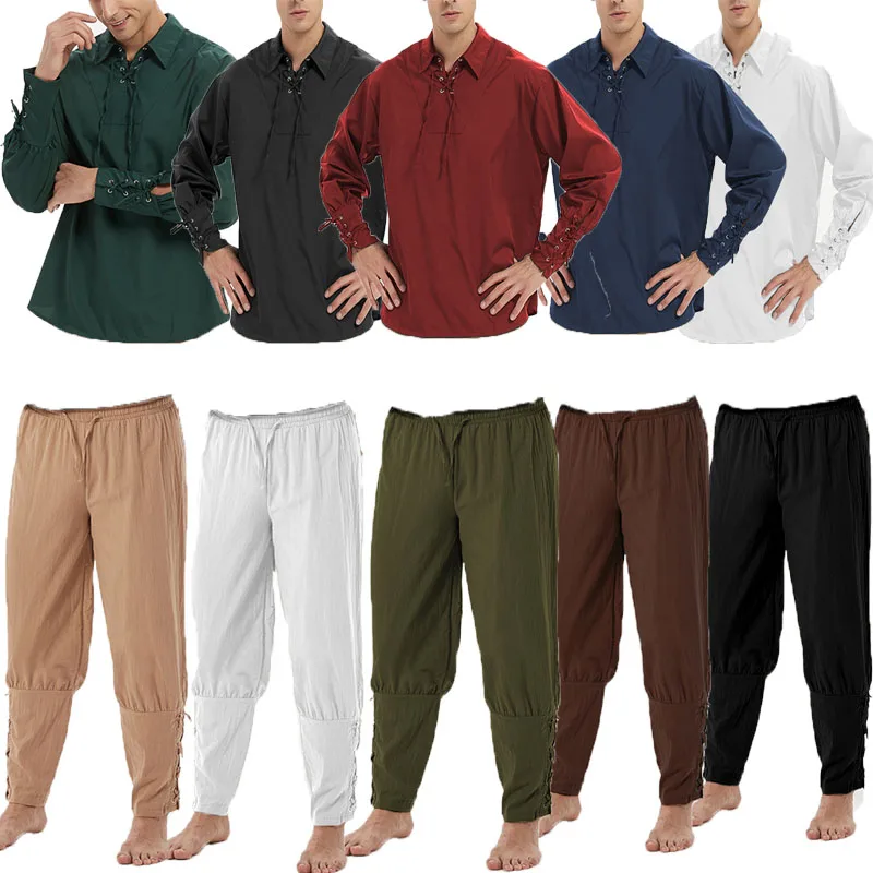 Мужской костюм средневековой эпохи Возрождения Пиратская реконструкция Ларп рубашка на шнуровке бандажный Топ Одежда для взрослых среднего возраста 3XL + pa