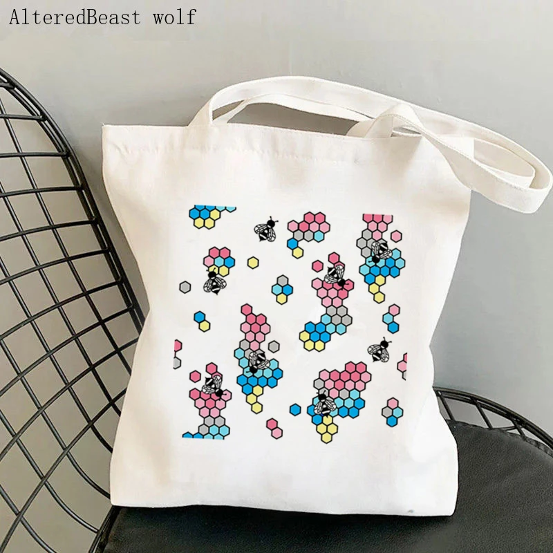 Women Shopper bag Genderfluid Pride Bees Kawaii Bag Harajuku Shopping Canvas Shopper Bag girl handbag Tote Shoulder Lady Bag