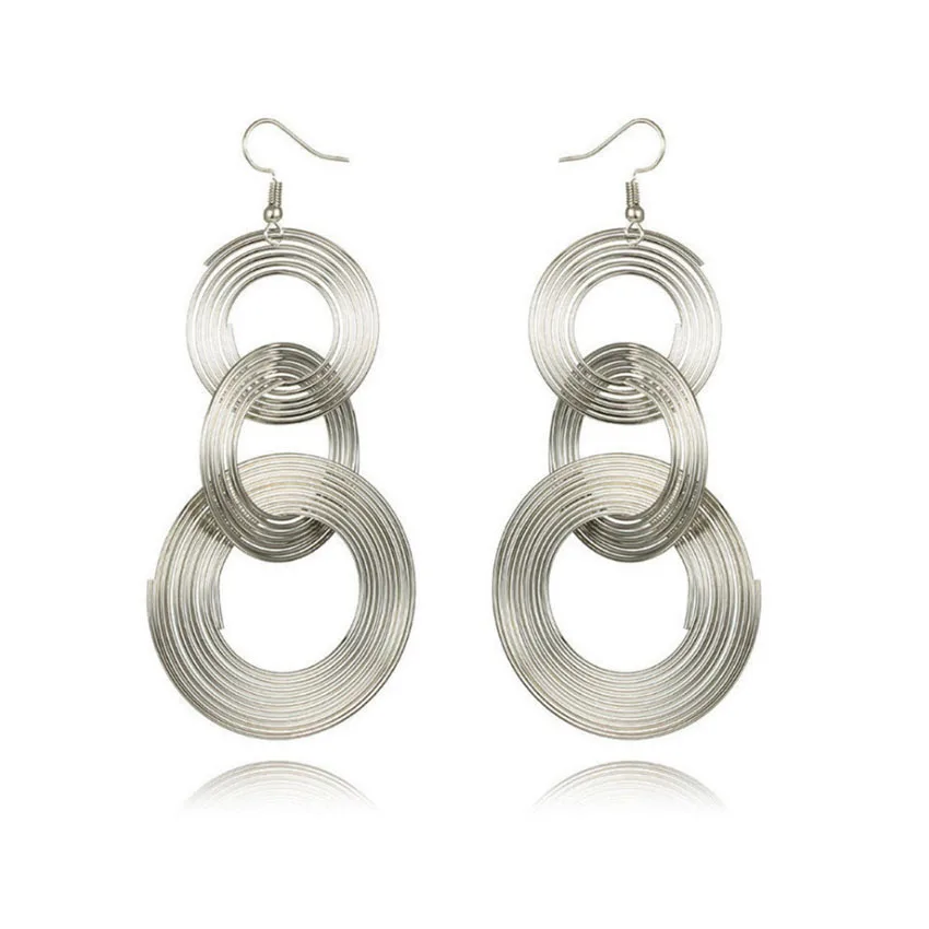Exaggerate Round Statement Drop Earrings for Women European Party Big Jewelry Vintage Silver Color Metal Circle Long Earrings
