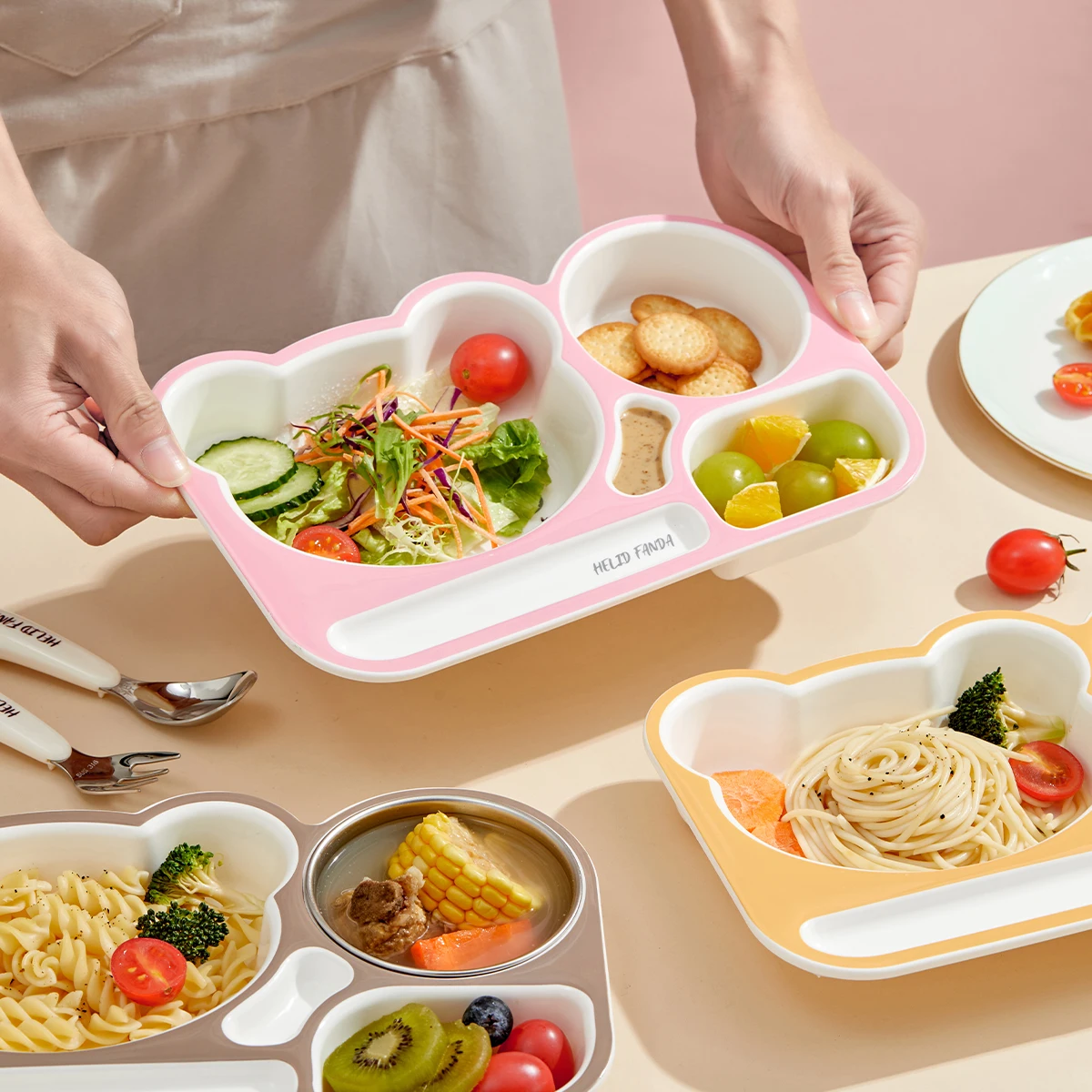 WORTHBUY New Cartoon Plastic Divided Dinning Plate With Soup Bowl Reusable Food Plates For Kids Microwave Safe Food Serving Tray
