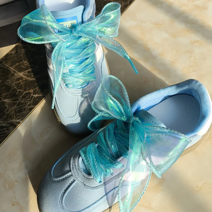 4 cm breite, glänzende Laser-Fischschwanz-Garn-Schnürsenkel, Chiffon, Schleife, Sneaker, Sport DE, Trainingsschuhe, weiße Leder-Freizeitschuhe, Schnürsenkel – Detail 4