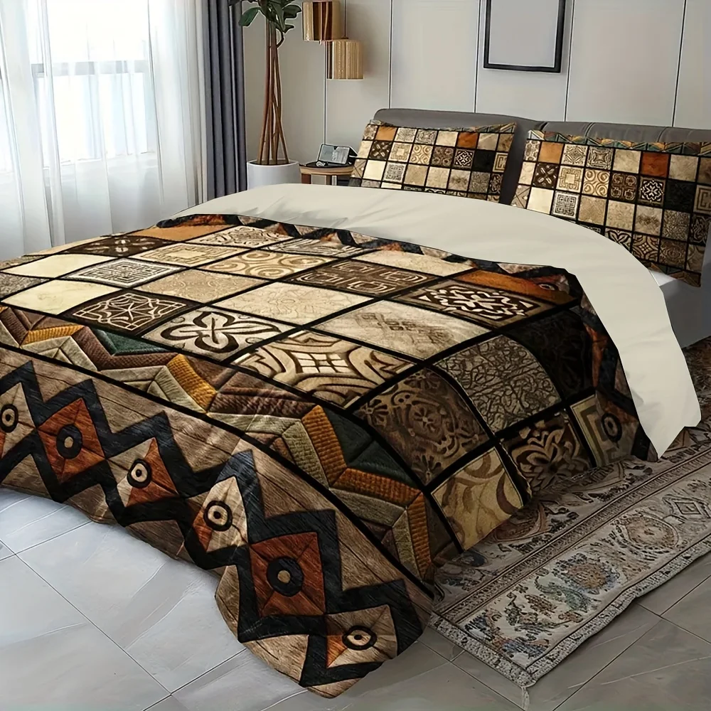 3Pcs Retro Tribal Geometric Patchwork Duvet Cover Set, HD Printing All Season Bedding with Pillowcases for Home Dorm Decor