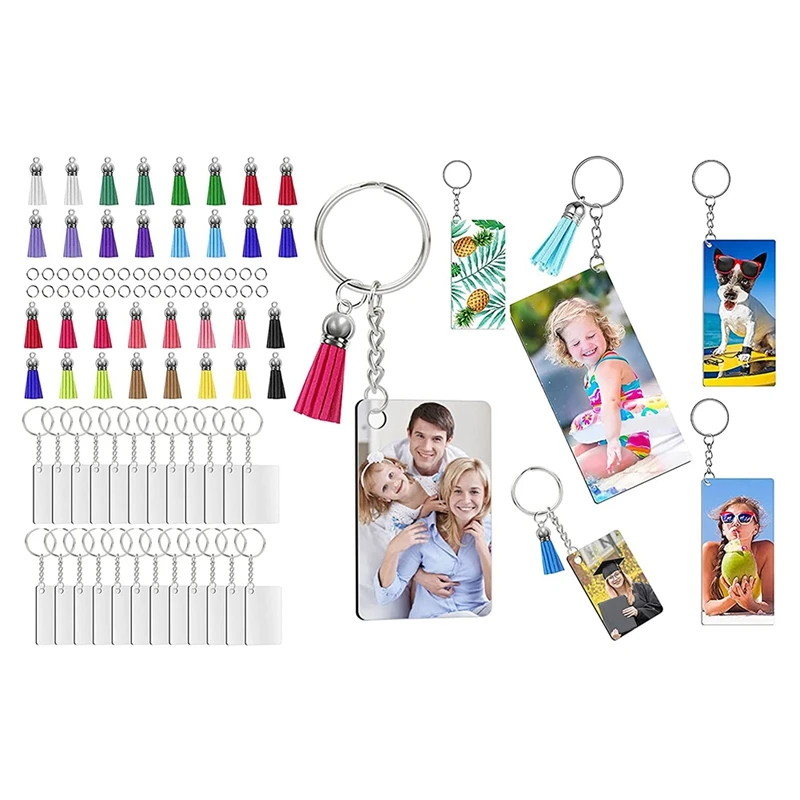 Rectangle 128 Pieces Keychain Making Kit Sublimation Pendant Ornament Blank Keychain Kit Sublimation Wooden Keychain Blanks with Split Key Rings and Colorful Keychain Tassels 