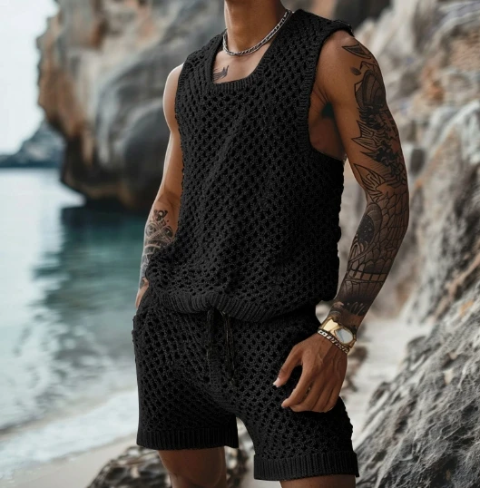 2025 Fashion Spring/Summer New Leisure Vertical Stripe Set Turn-down Collar Fitted Short Sleeve Button Shirt Wool Blend Shorts 4