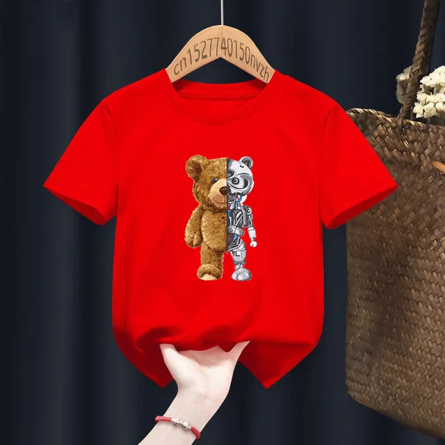 Funny Mechanical Bear Print Red Kid T-shirts Children Baby Black Harajuku Kawaii Clothes Boy Girl Tops Gift Present ,Drop Ship red