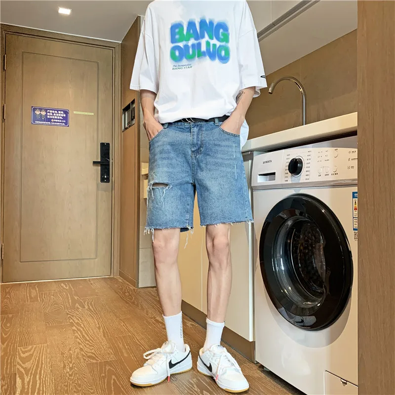 용수철 여름 남성용 짧은 의류, 해변 찢어진 청바지, 데님 코튼 바지, 캐주얼 비즈니스 소셜 남성 반바지, A116, 2024 신제품