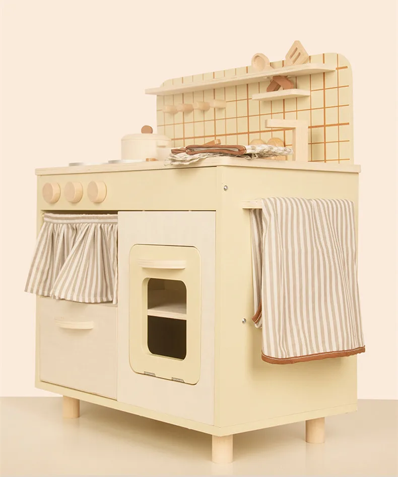 62cm High Quality Wooden Simulate kitchen toy set pot slice knife and fork fish meat Play house Interactive Toys baby girl gift 2