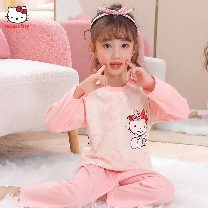 

Sanrio Hello Kitty Kuromi Fall Children Y2k Pajamas Cartoon My Melody Girl Long Sleeve Round Neck Casual Pajamas Two Piece Set